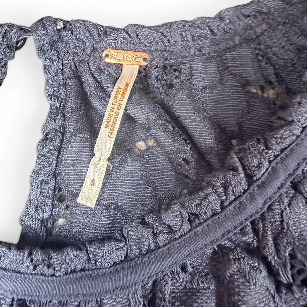 Free People Blouse Women S Navy Blue Lace Long Sleeve Smocked Cuff Scalloped Hem